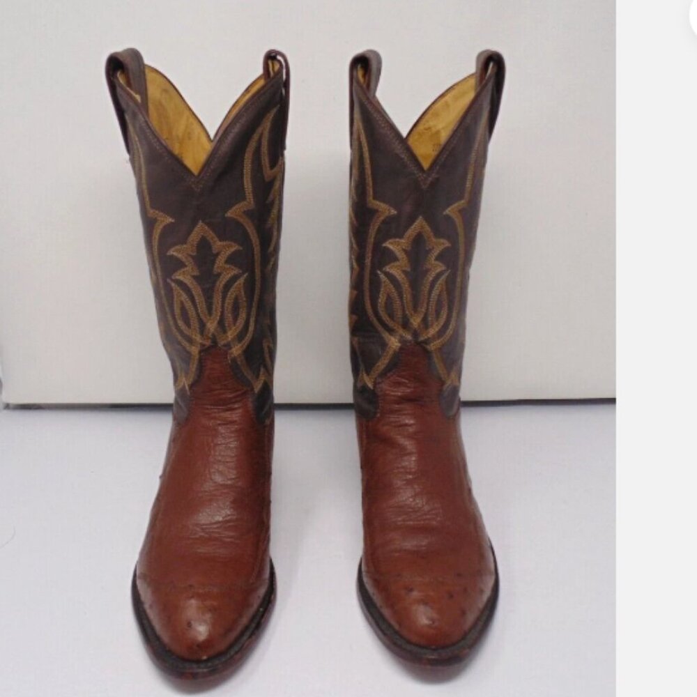 VTG Tony Lama Exotic Ostrich Brown Black Cowboy Western Boots - Men Size 10.5 D